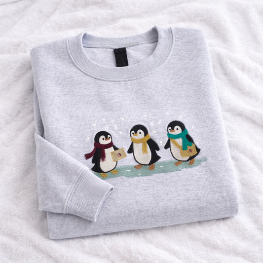 Folded ash gray sweatshirt with penguin design on a white background