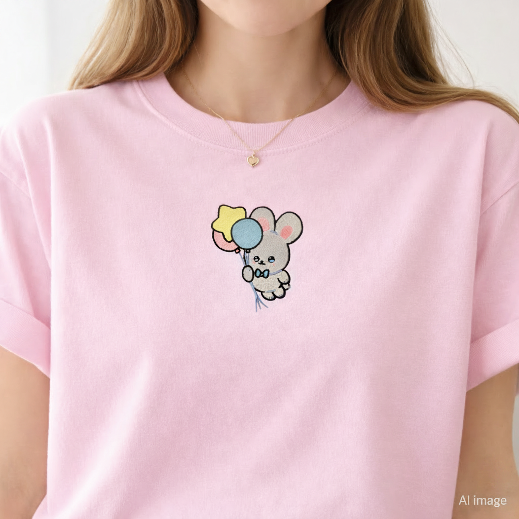 Person wearing a blossom t-shirt with a cartoon bunny holding balloons design.