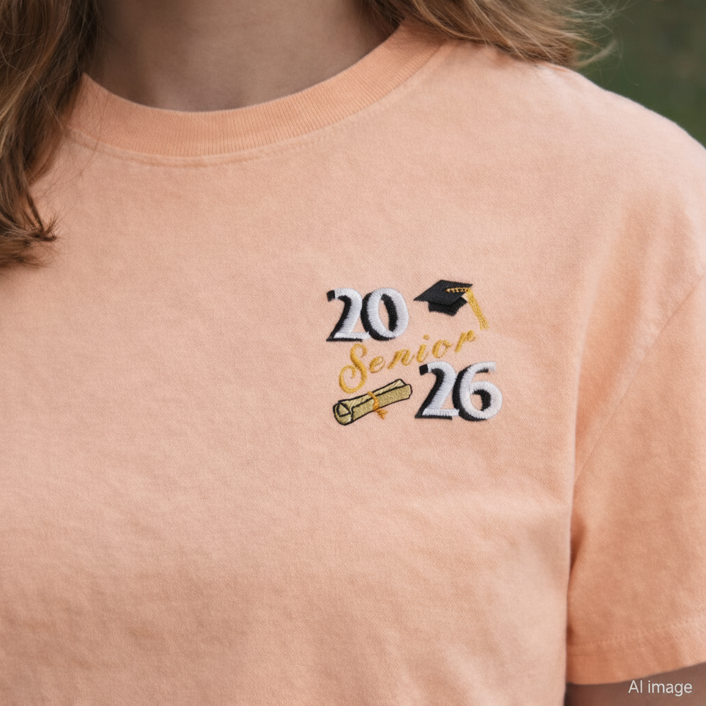 Person wearing a peachy t-shirt with '20 Senior 26' graduation design.