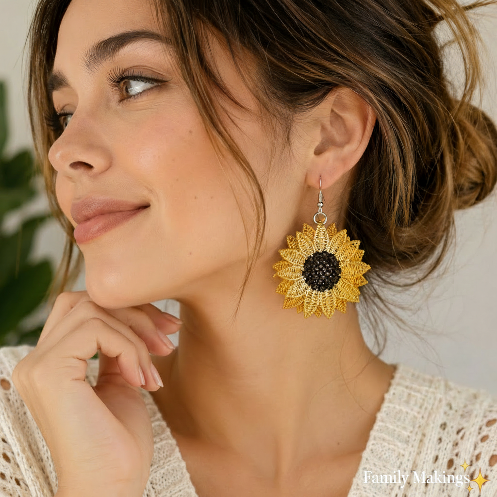 A woman wearing embroidered sunflower earring