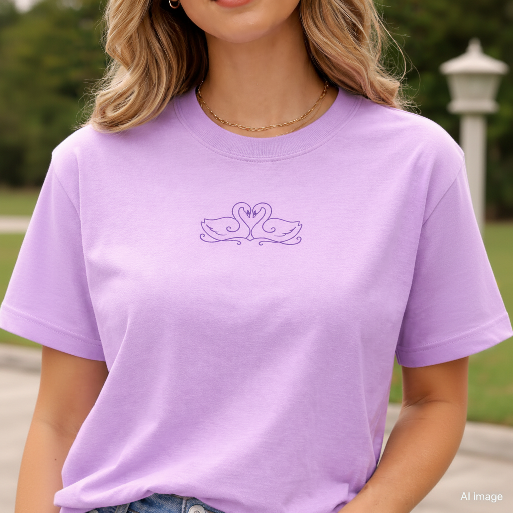 Person wearing a orchid t-shirt with a heart and swan design.