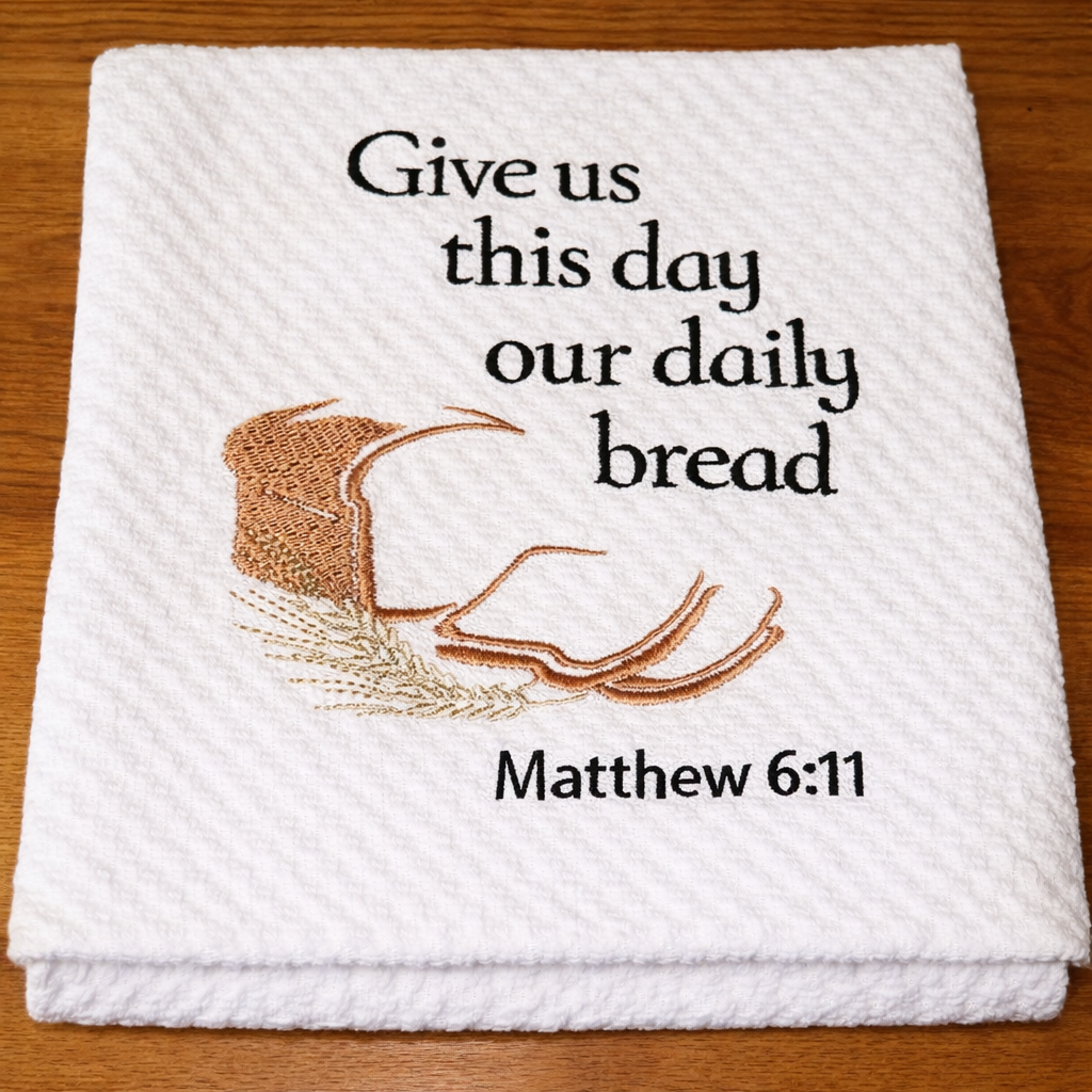 White towel with embroidered bread design and text on a wooden surface