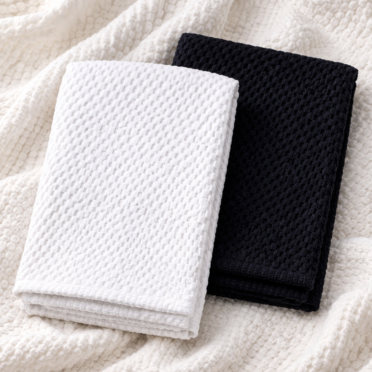 Two folded towels, one white and one black, on a textured fabric background.