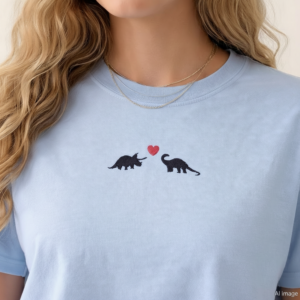 Hydrangea t-shirt with dinosaur design and red heart worn by a person