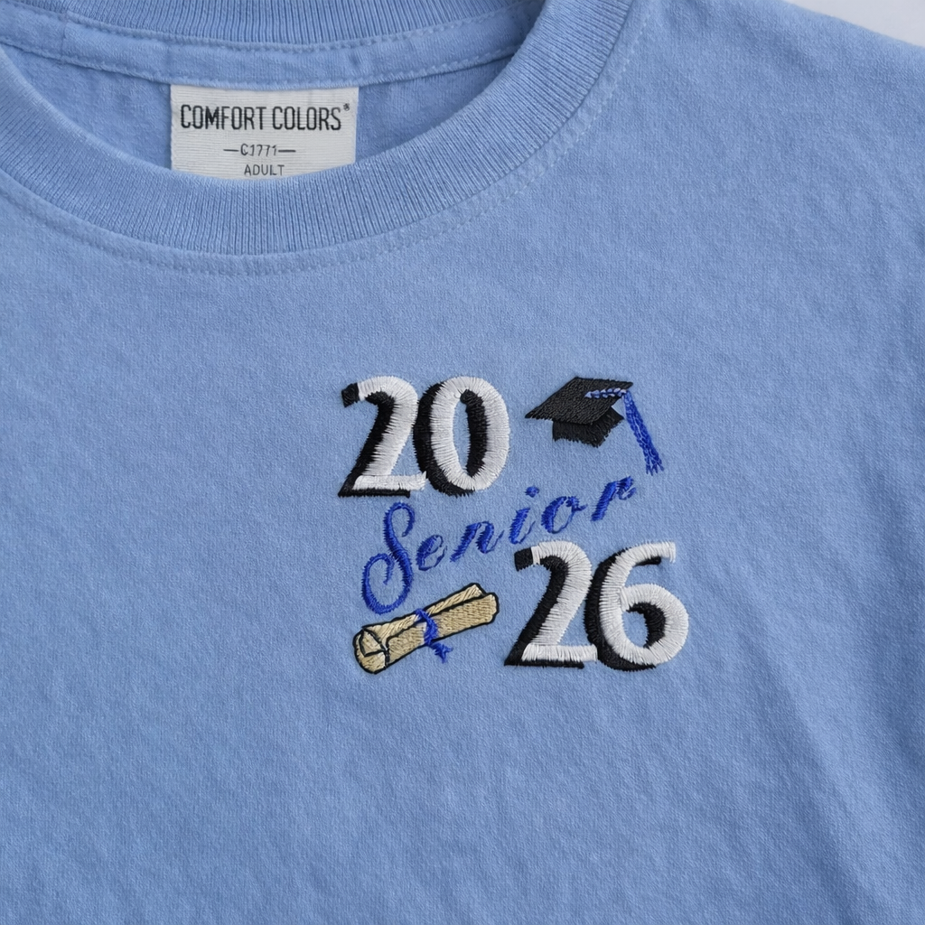 Hydrangea t-shirt with '20 Senior 26' graduation design and Comfort Colors label.