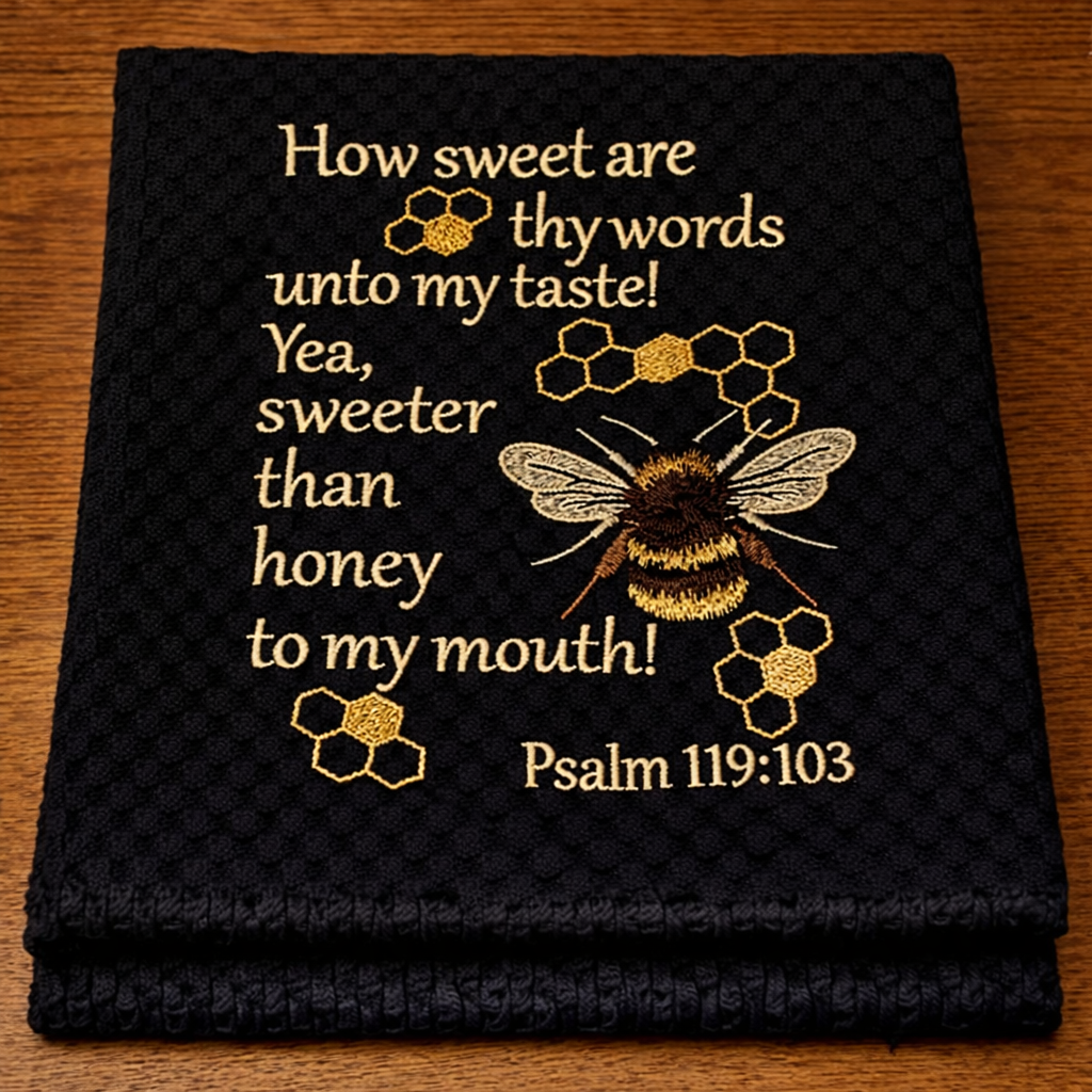 Black embroidered towel with beige text and bee design on a wooden surface