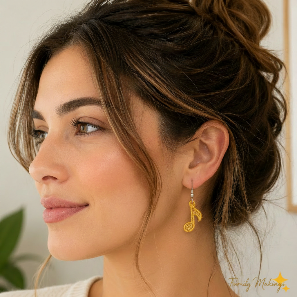 A person wearing an eighth note embroidered earring