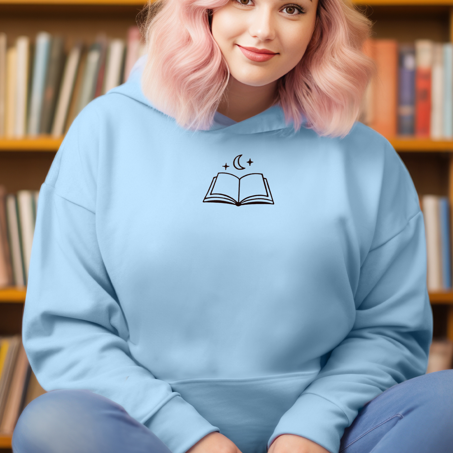 Moon & Book Embroidered Sweatshirt | Gildan | 11 Colors | Hoodie or Crewneck