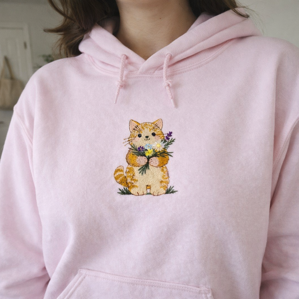 Person wearing a pink hoodie with a cat design holding flowers.