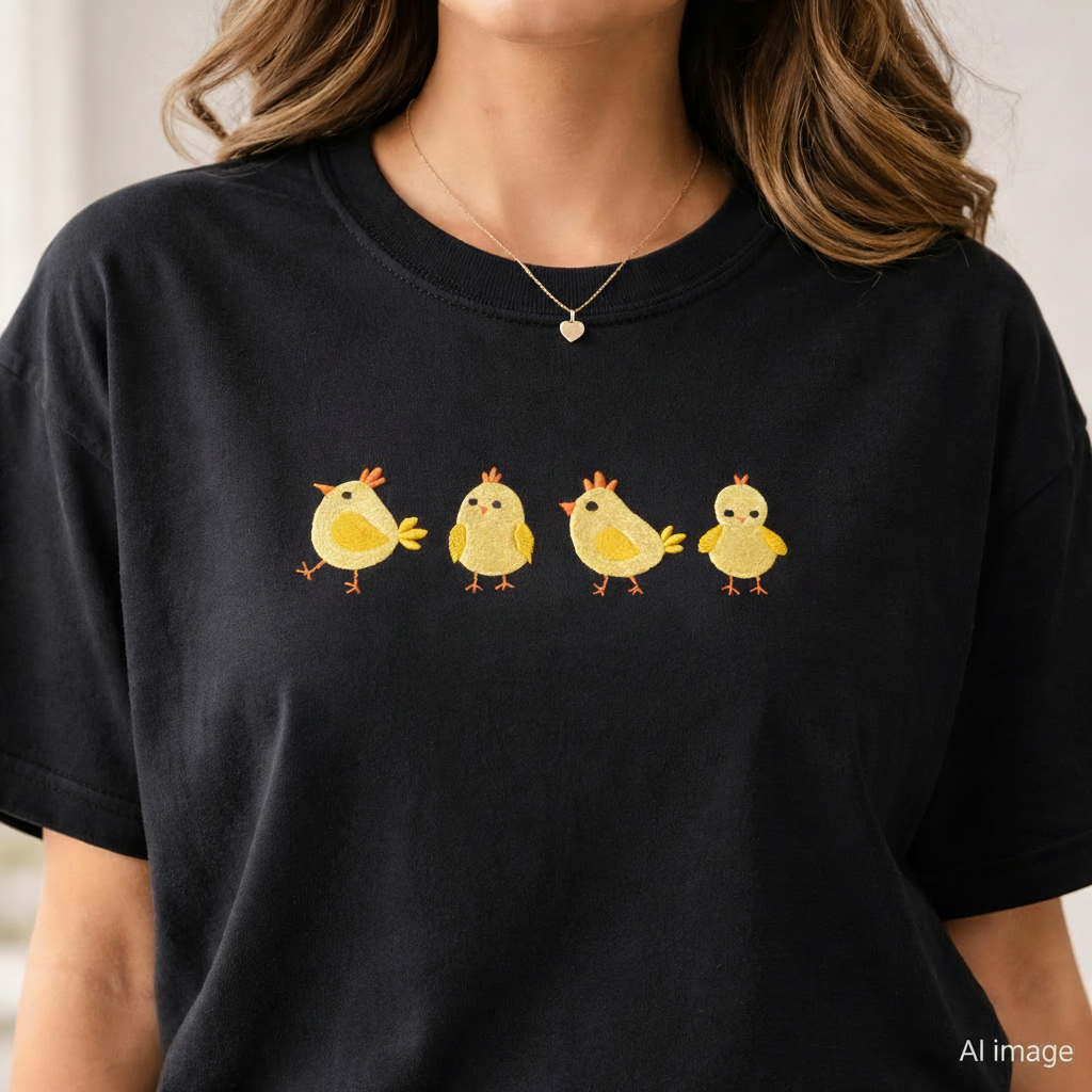 Black t-shirt with yellow chick design worn by a person