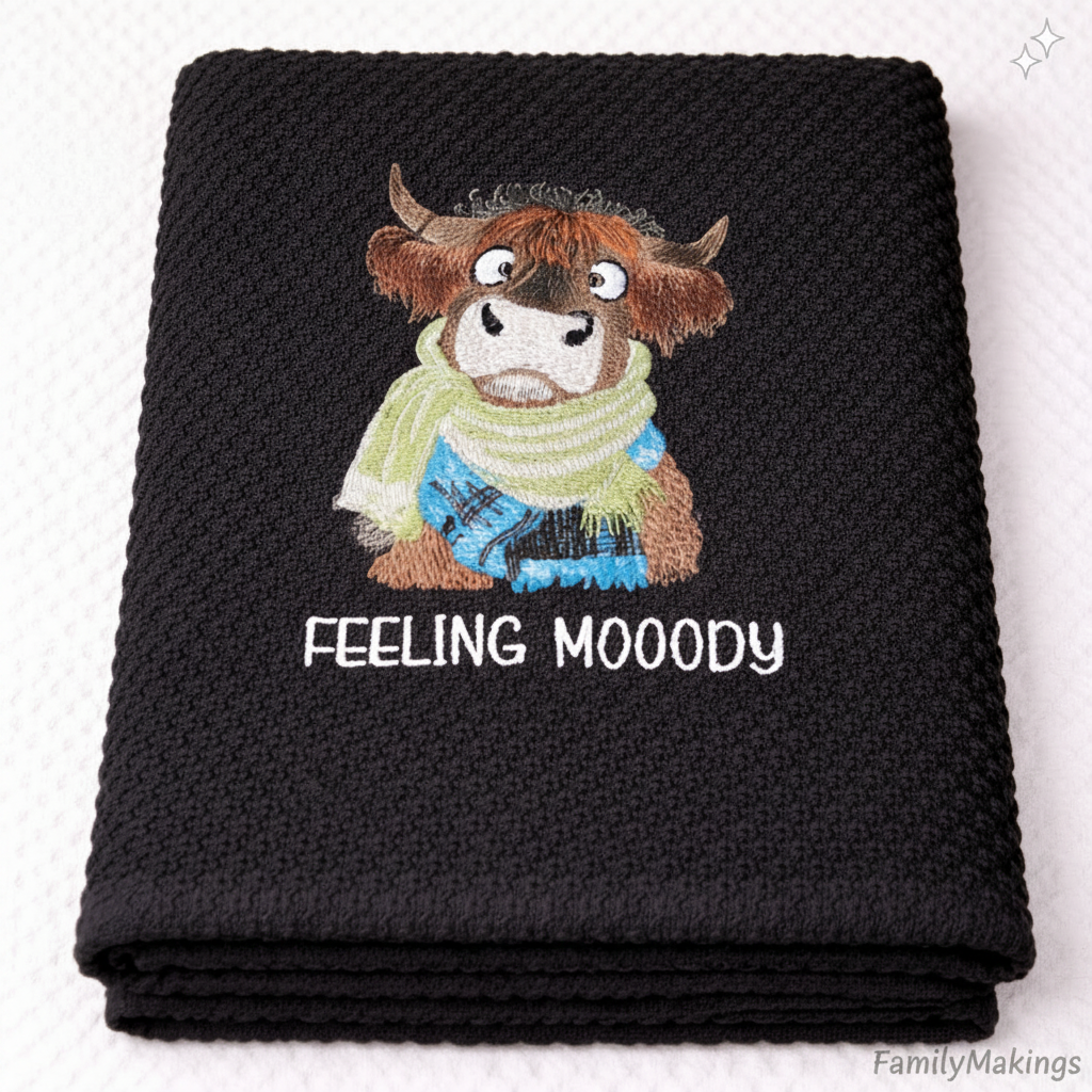 Black towel with a cartoon cow wearing a green and blue scarfs.  With the embroidered text 'Feeling Moody' on a white background.