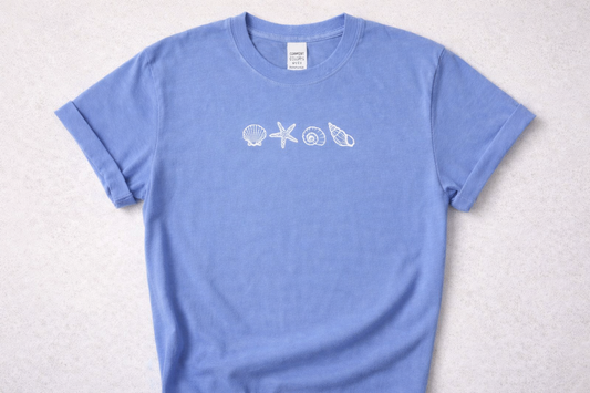 Coastal Seashell Embroidered T-Shirt – Comfort Colors C1717, 14 Colors, Made to Order