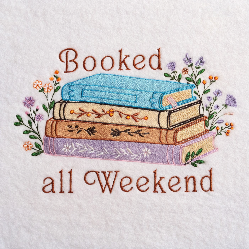 Embroidery design of books and flowers with 'Booked all Weekend' text on a white background