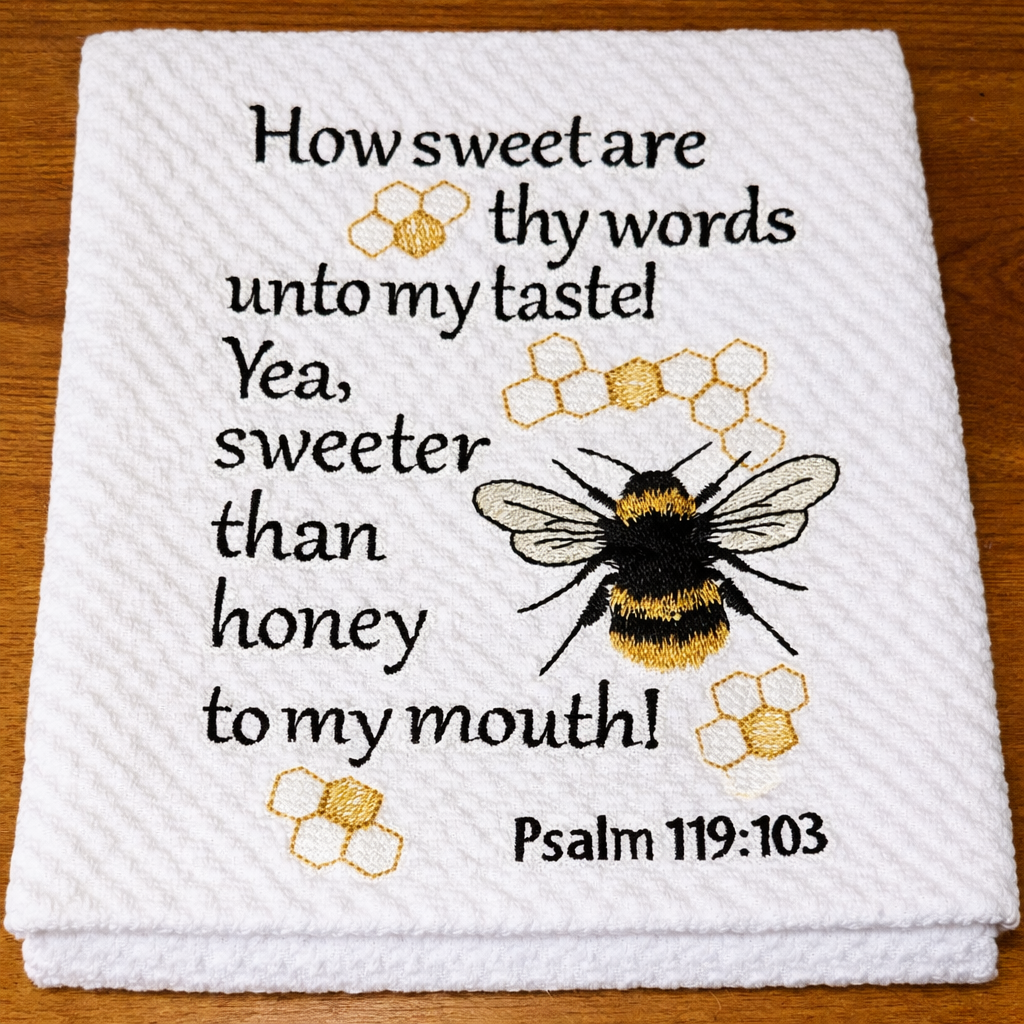 White towel with embroidered bee and text on a wooden surface
