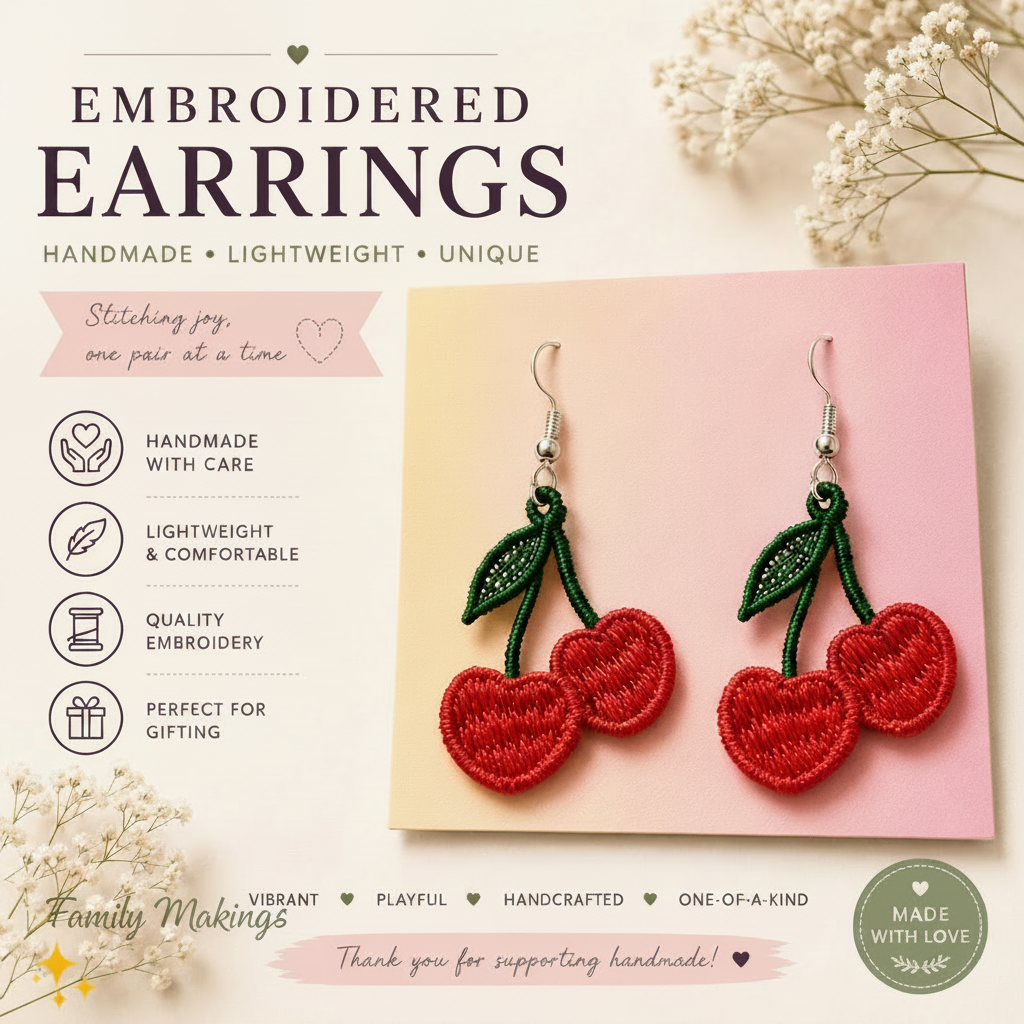 Embroidered, lightweight, quality and perfect for gifting.  Embroidered cherry earrings