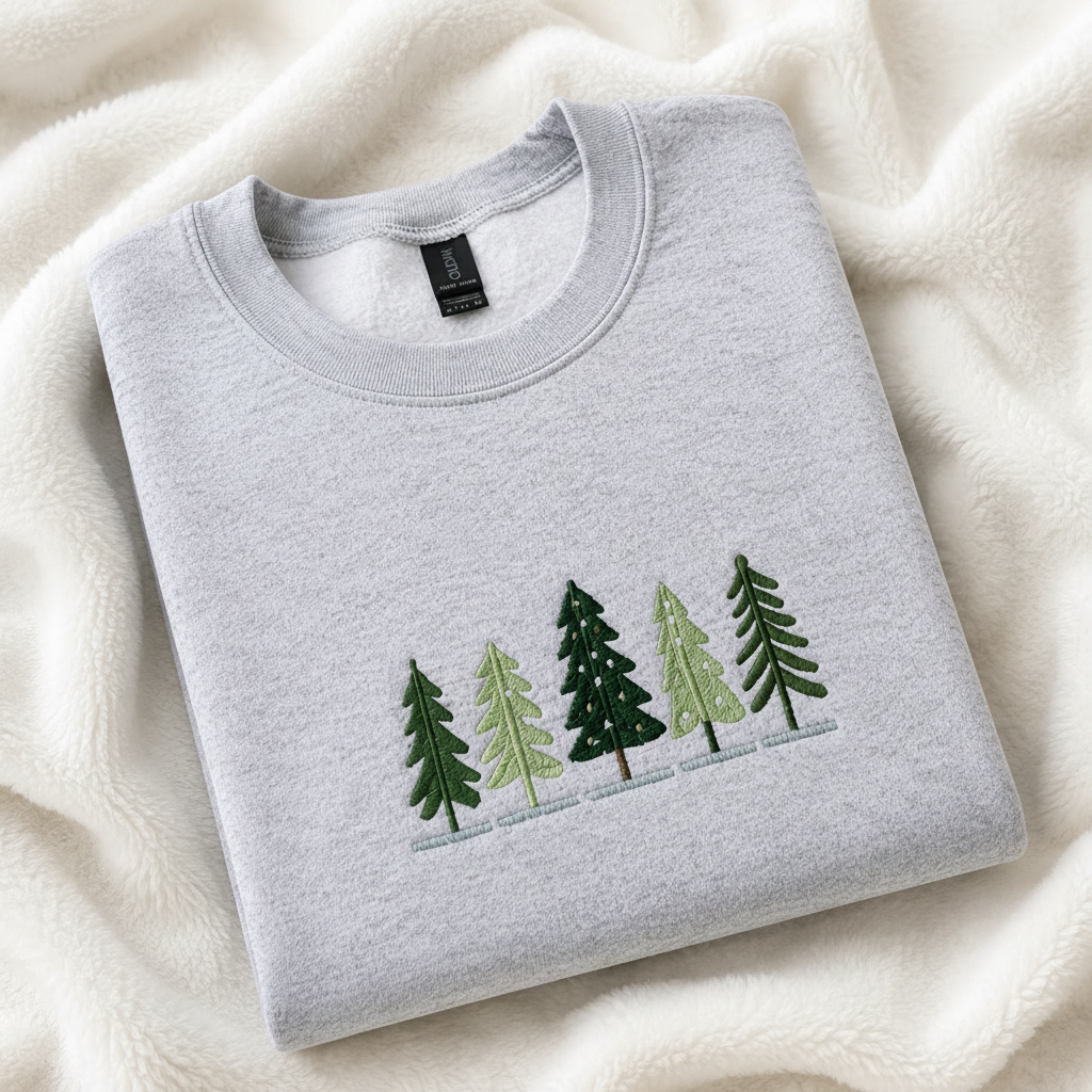 A folded ash gray crewneck sweatshirt with embroidered pine trees on the chest, placed on a soft cream-colored fleece blanket. 