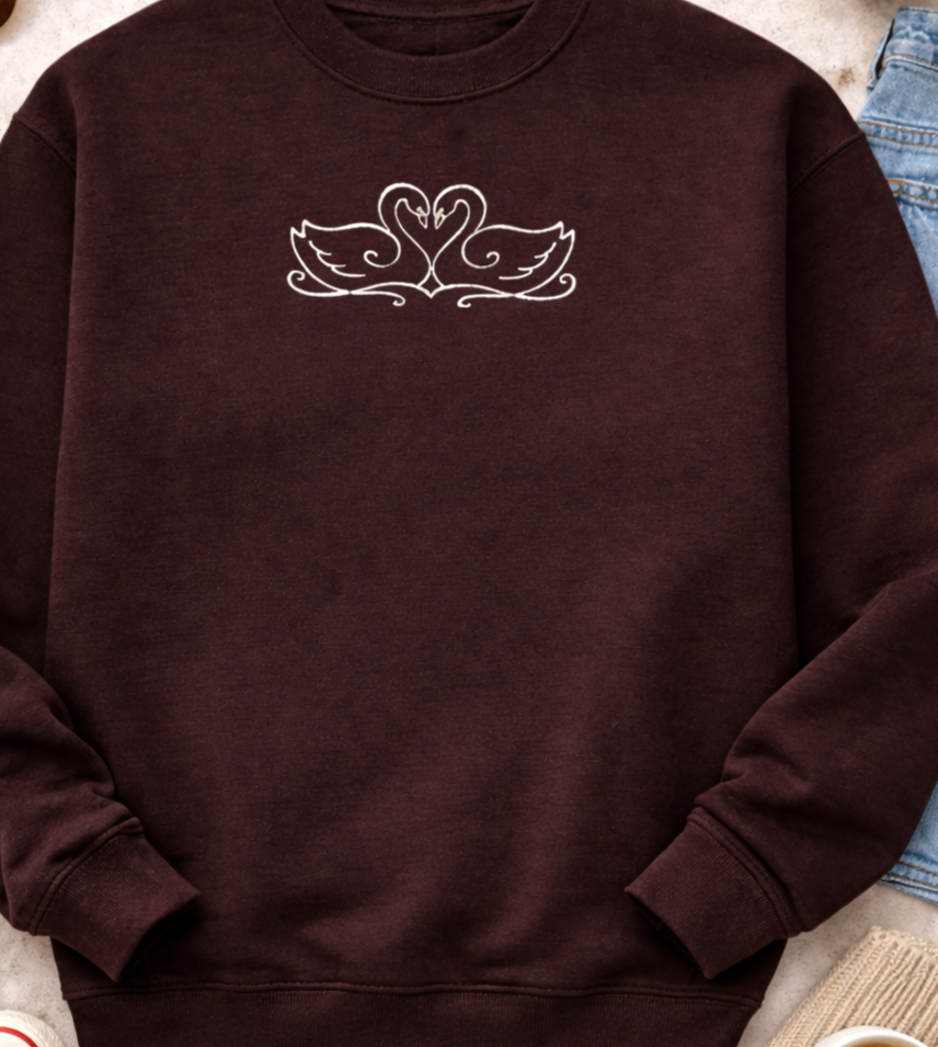 Swan Love Embroidered Crewneck or Hoodie – Minimal Heart Swan Design, Cozy Sweatshirt, 11 Colors, Made to Order