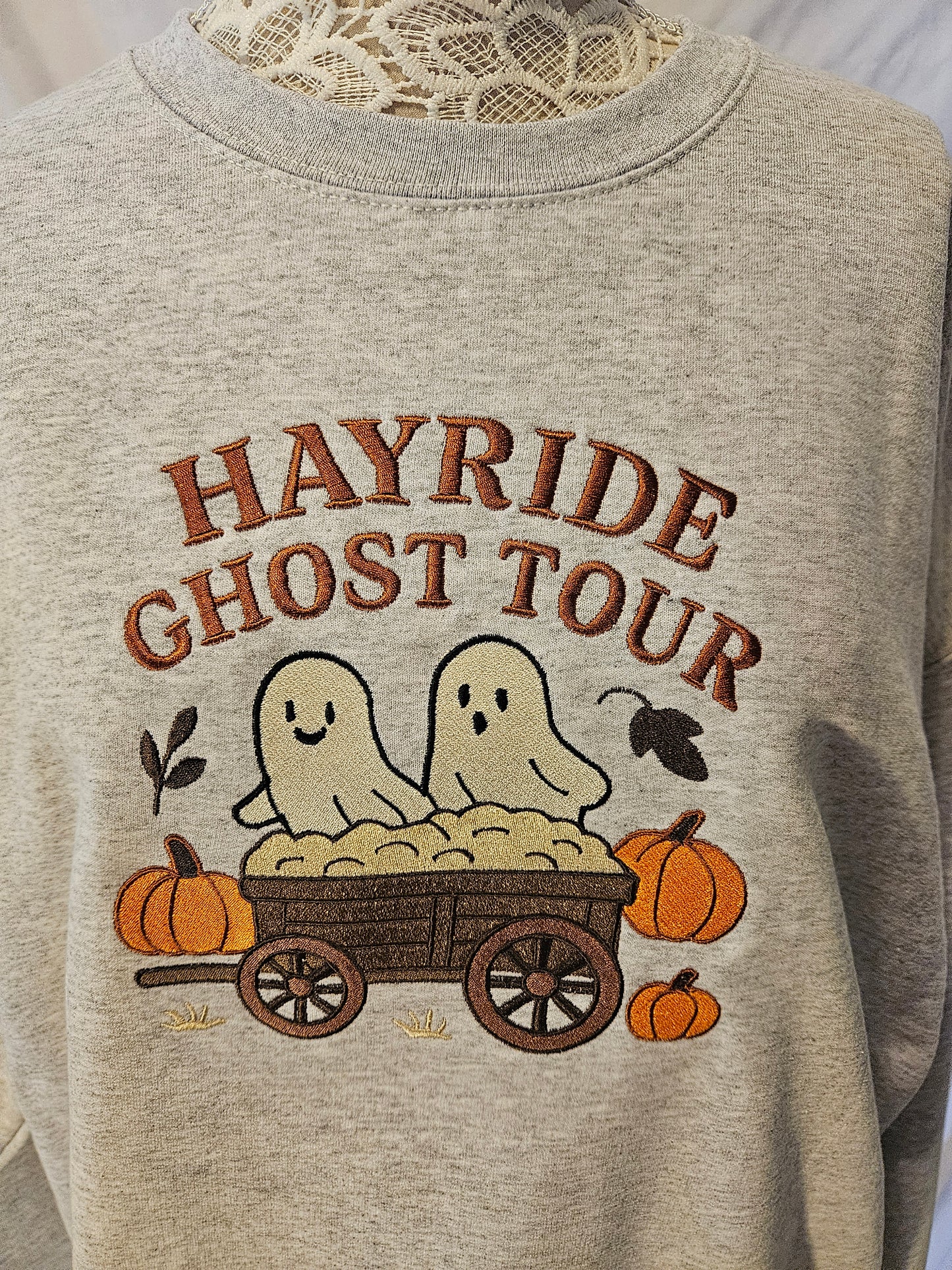 Hayride Ghost Tour Embroidered Sweatshirt | Fall Halloween Crewneck or Hoodie | Ghosts with Pumpkins & Hay Wagon | Autumn Cozy Sweatshirt
