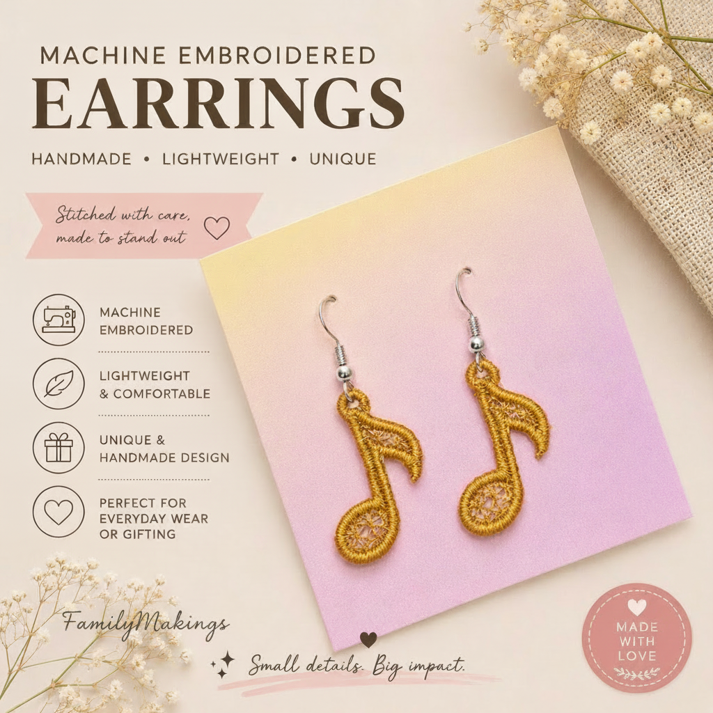 Machine embroidered, light weight, unique and a perfect gift.  Eighth note embroidered earrings.