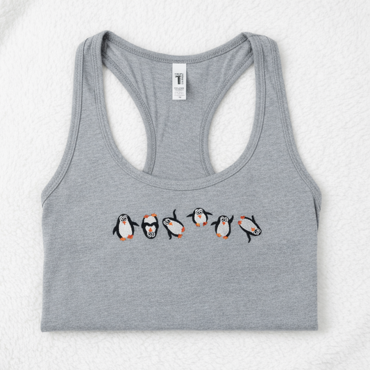 Heather gray tank top with penguin design on a white background