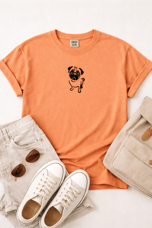Embroidered Pug Comfort Colors T-Shirt | Cute Dog Design | 14 Colors | Made to Order