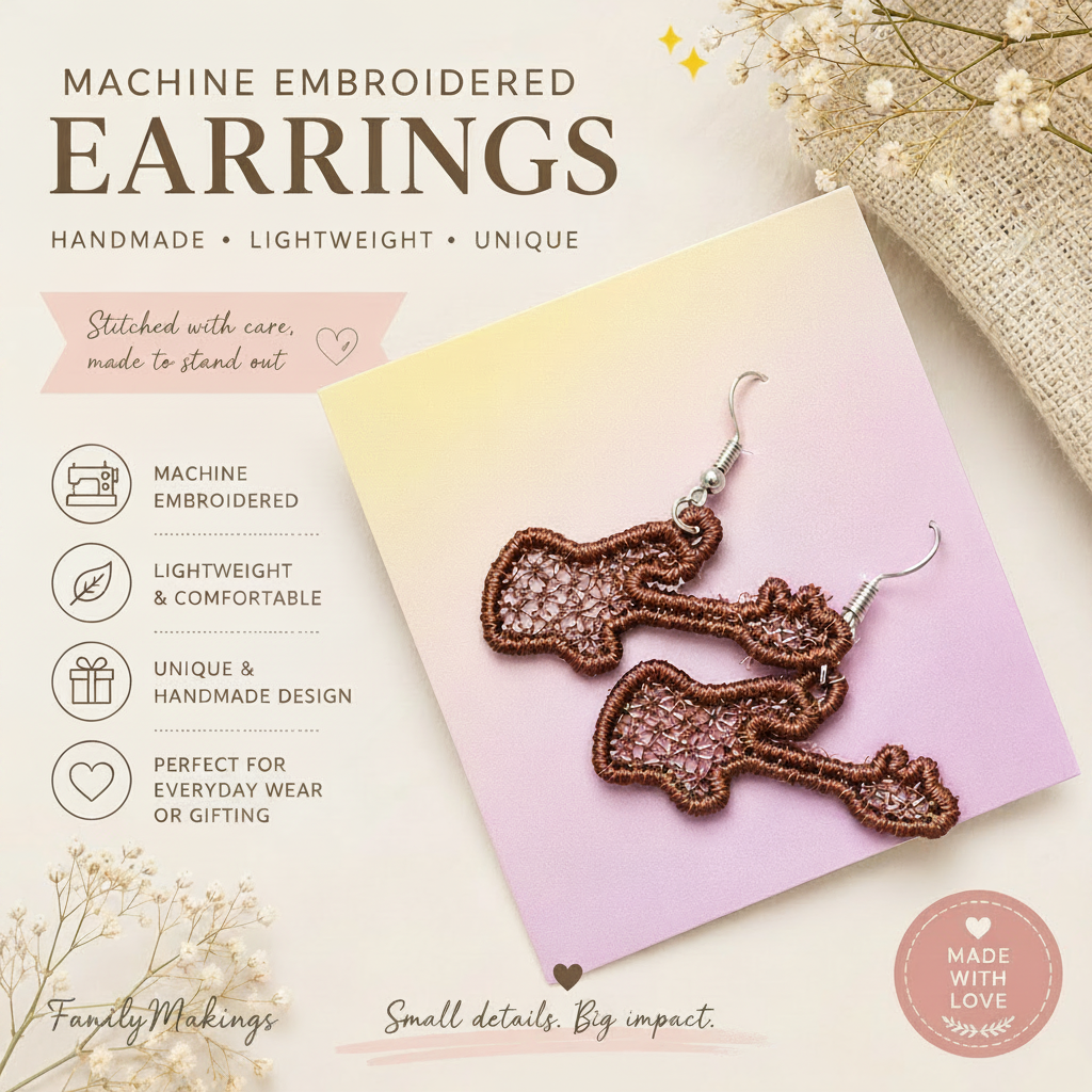 Machine embroidered, light weight, unique and a great gift.  Embroidered guitar earring.