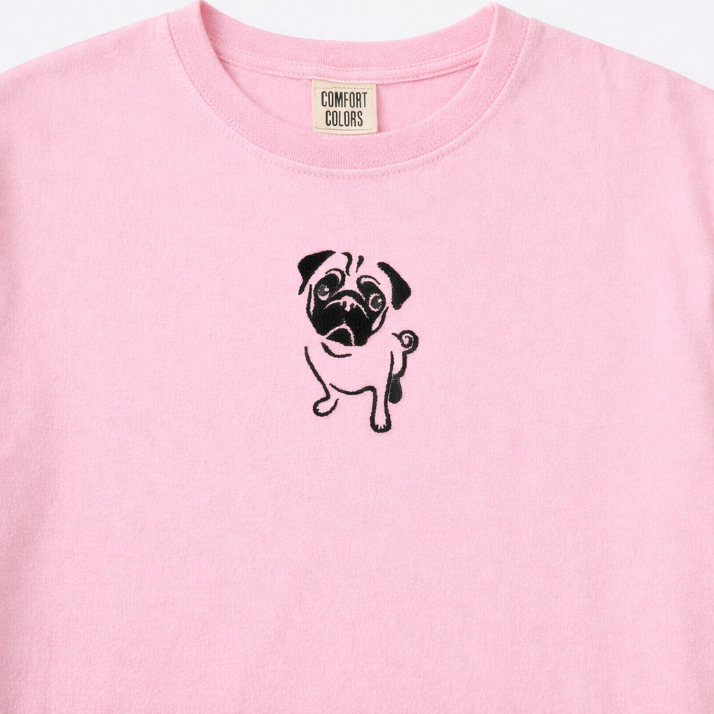 Embroidered Pug Comfort Colors T-Shirt | Cute Dog Design | 14 Colors | Made to Order