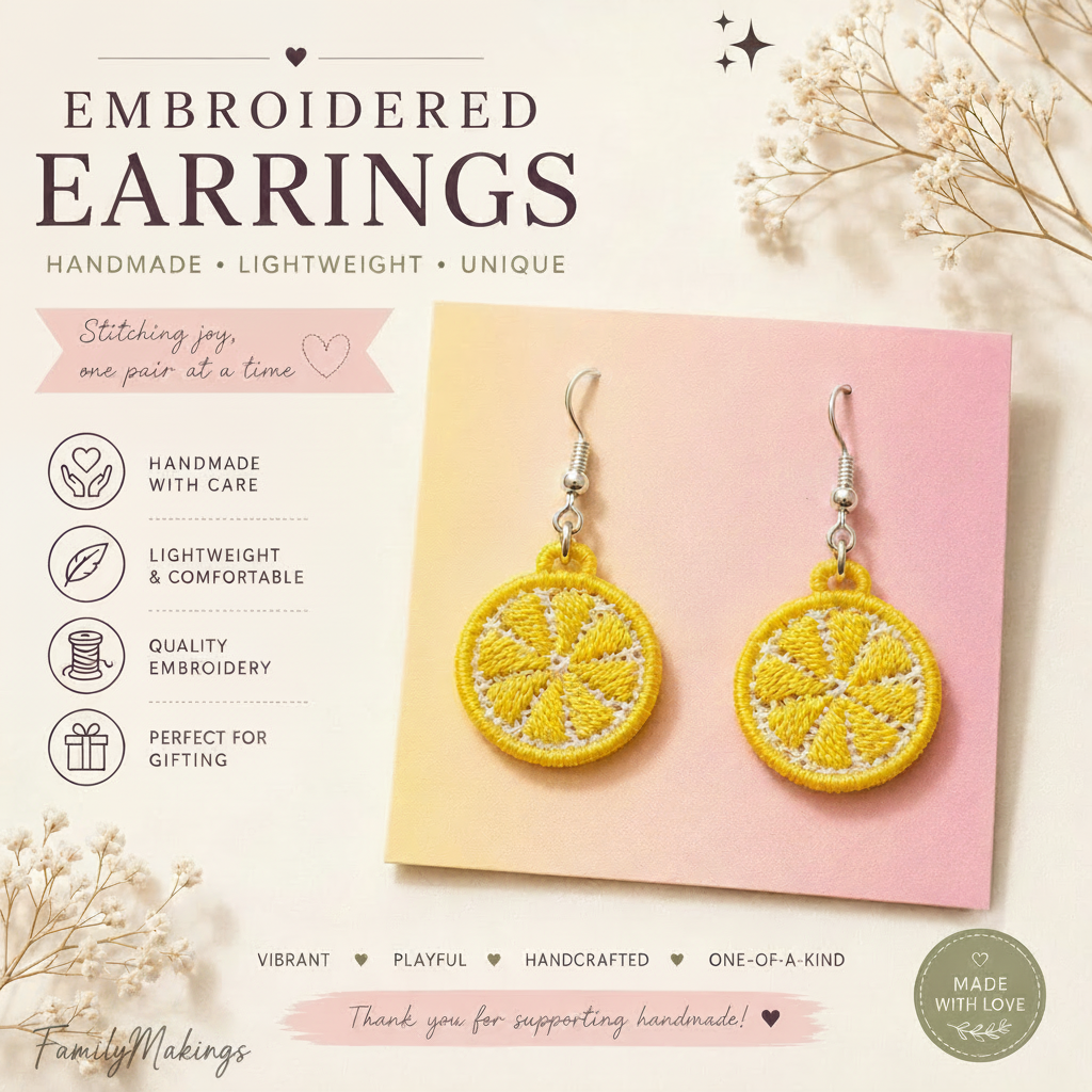 Machine embroidered, light weight, quality and perfect for gifting.  Embroidered lemon slice earrings