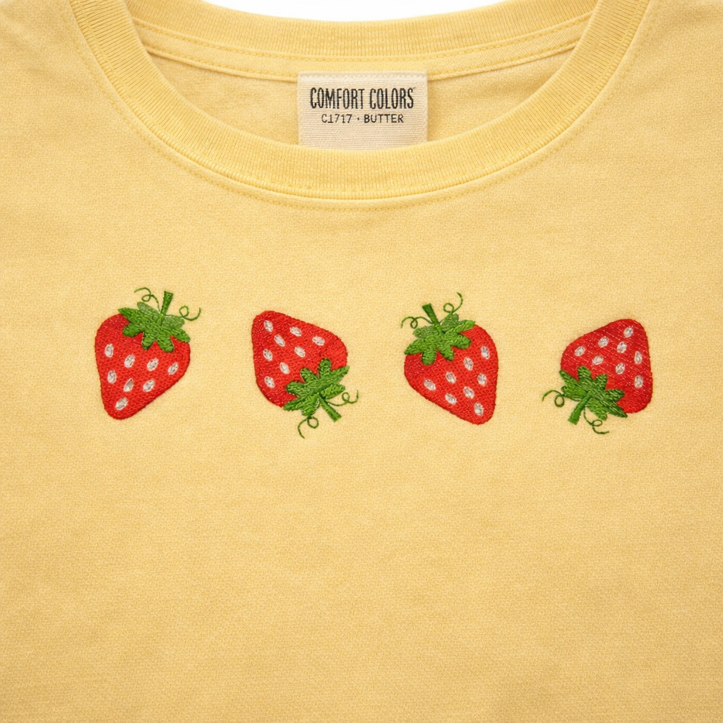 Embroidered Strawberry Shirt – Comfort Colors Tee, 14 Colors, Made to Order