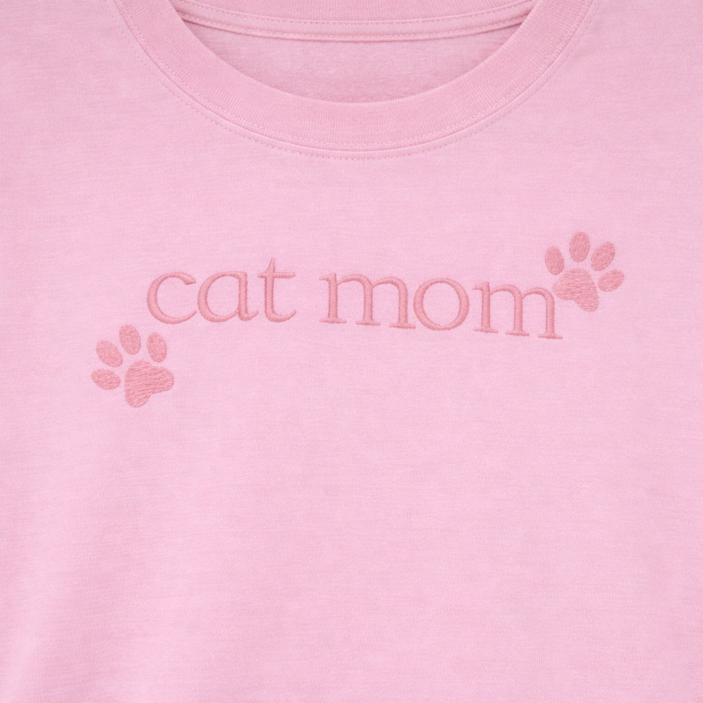Blossom t-shirt with 'cat mom' embroidered text and paw prints 