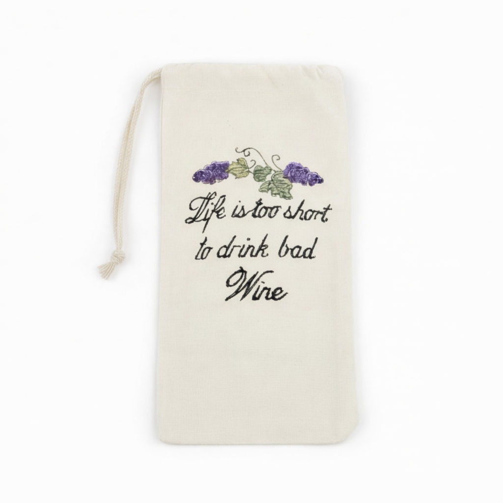 Natural colored drawstring bag with embroidered text and grape design on a white background