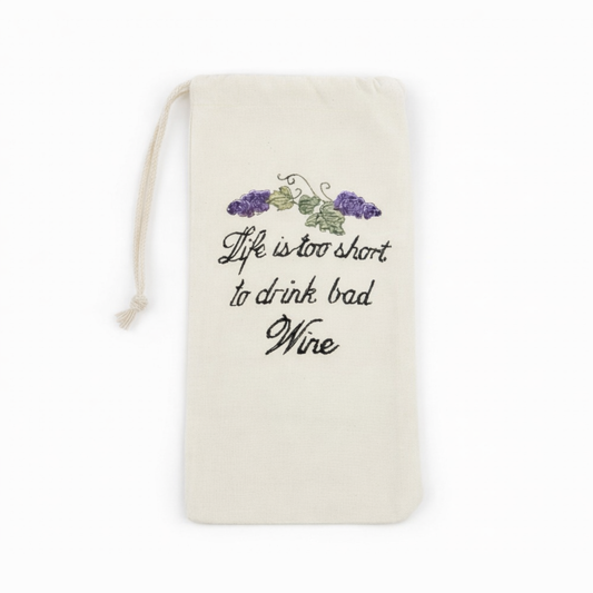 Natural colored drawstring bag with embroidered text and grape design on a white background
