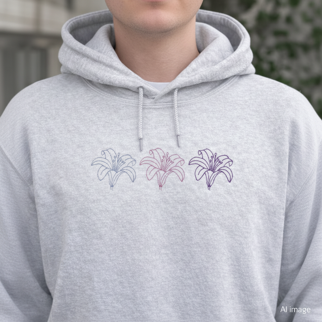 Ash hoodie with embroidered floral designs on the chest.