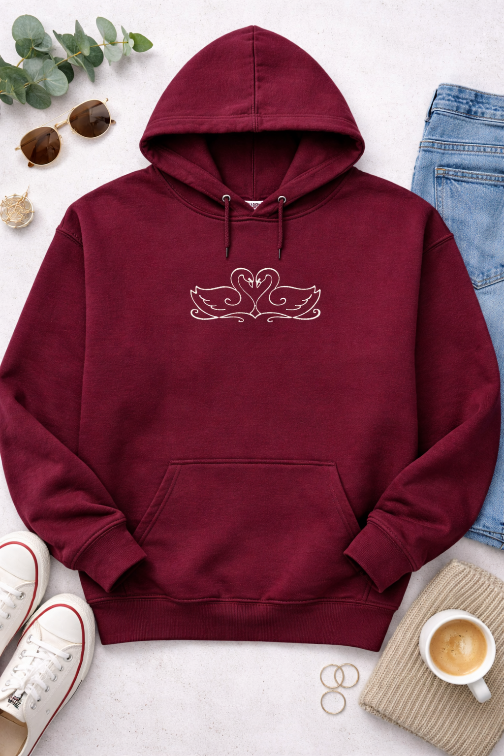 Swan Love Embroidered Crewneck or Hoodie – Minimal Heart Swan Design, Cozy Sweatshirt, 11 Colors, Made to Order