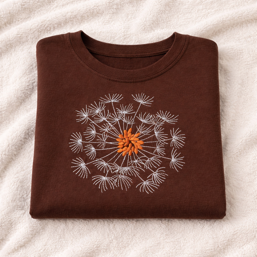 Folded espresso shirt with a dandelion design on a beige fabric background