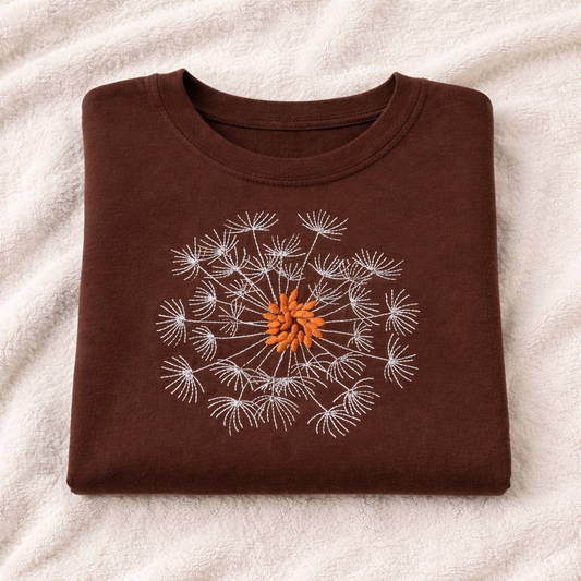 Folded espresso shirt with a dandelion design on a beige fabric background