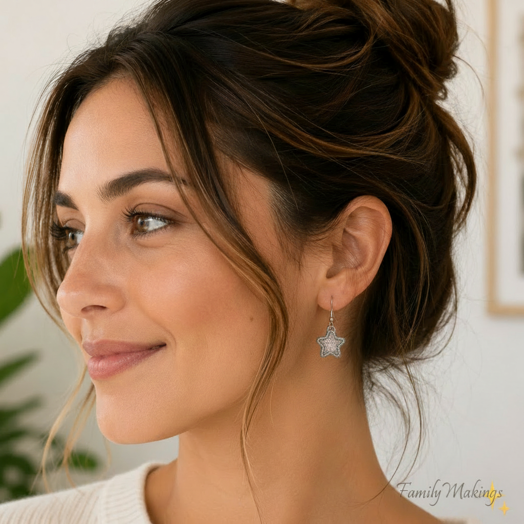 A person wearing the embroidered star earring