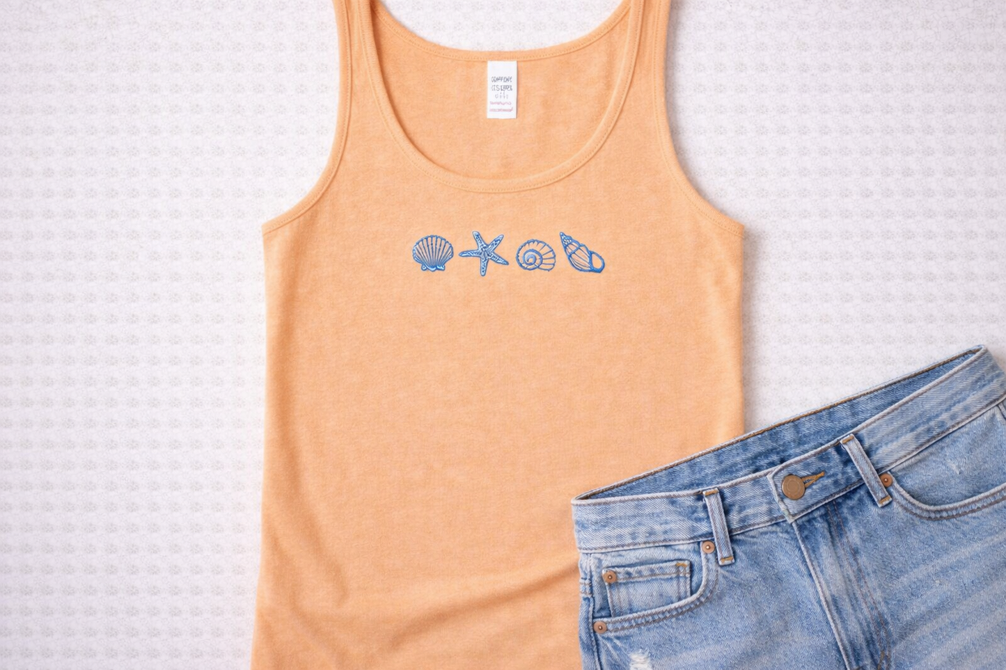 Embroidered Seashell Tank Top – Minimal Beach Icons – Coastal Racerback Tank – 10 Colors