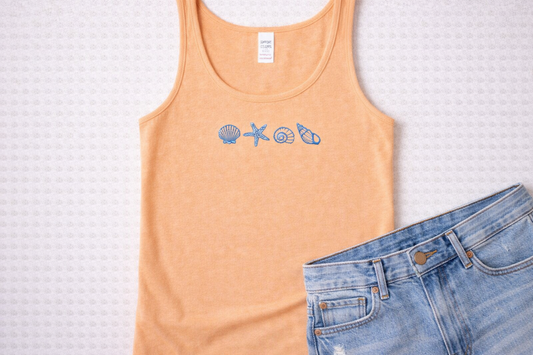 Embroidered Seashell Tank Top – Minimal Beach Icons – Coastal Racerback Tank – 10 Colors
