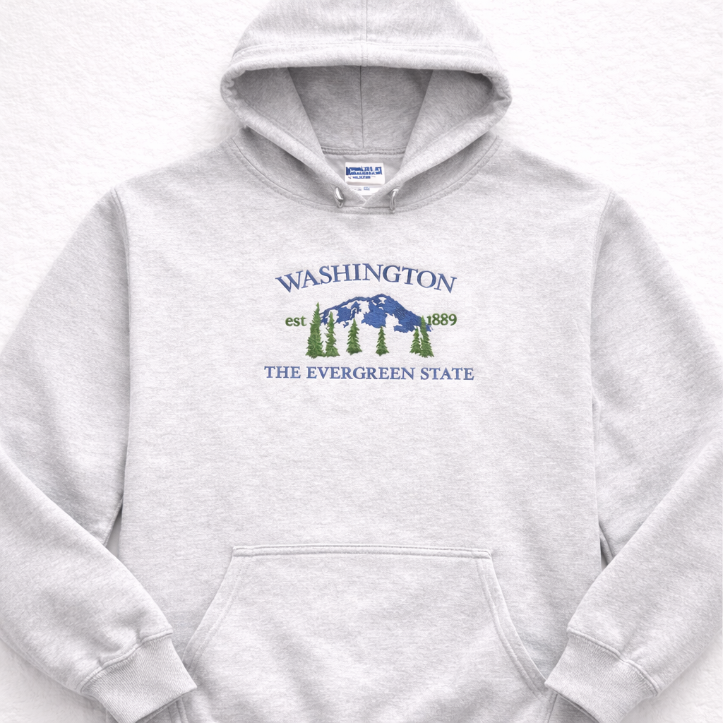 Ash gray hoodie with 'Washington The Evergreen State' text and design on a white background