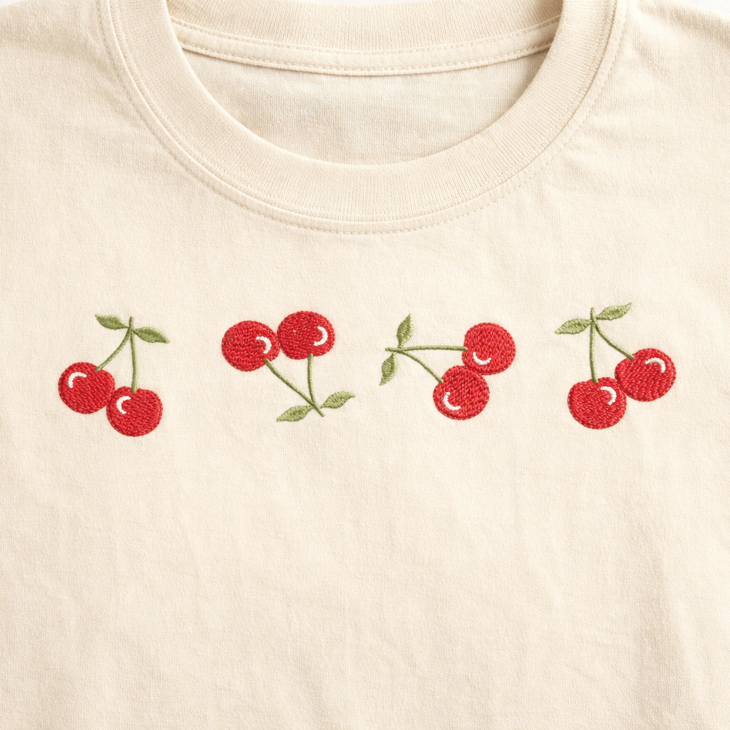 Ivory t-shirt with embroidered red cherries 