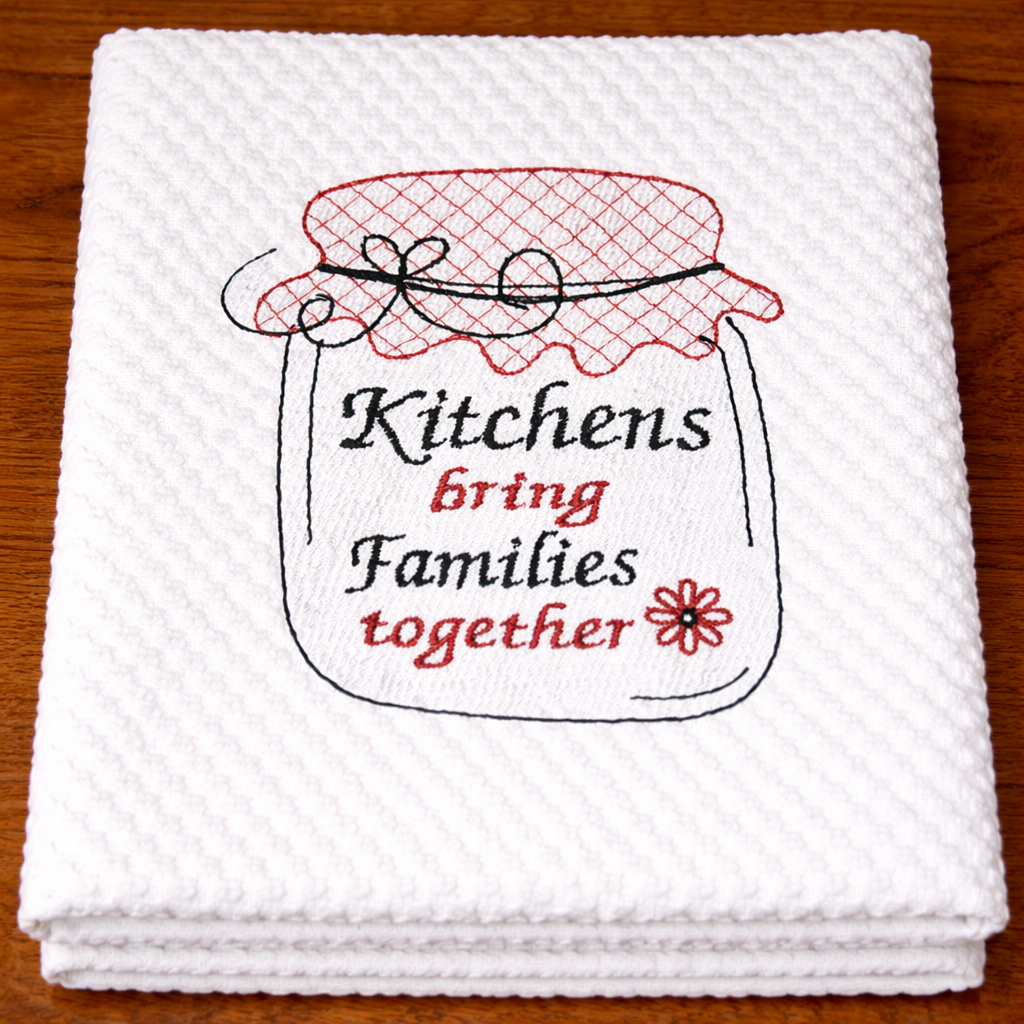 White towel with red and black text and design on a wooden surface