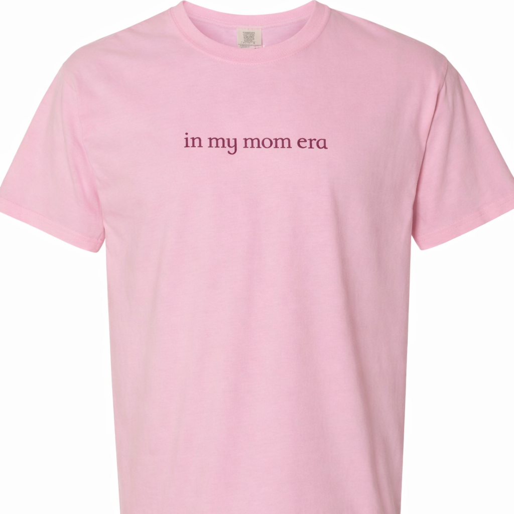 Blossom t-shirt with 'in my mom era' embroidered text on a white background