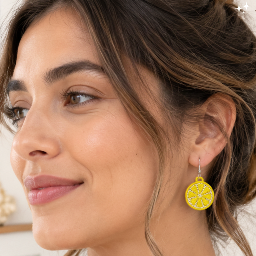 A person wearing the lemon slice embroidered earrings