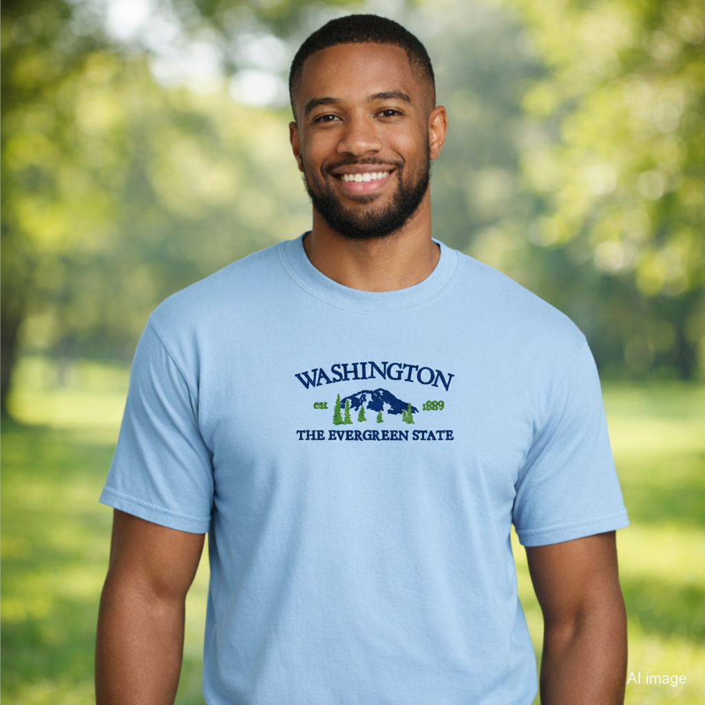 Man wearing a hydrangea t-shirt with 'Washington The Evergreen State' design outdoors.