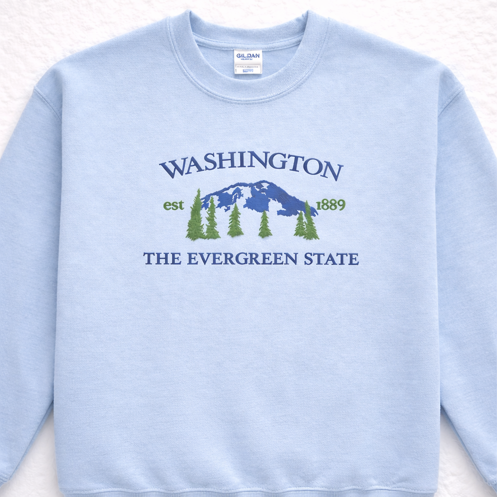 Light blue sweatshirt with 'Washington The Evergreen State' design on a white background