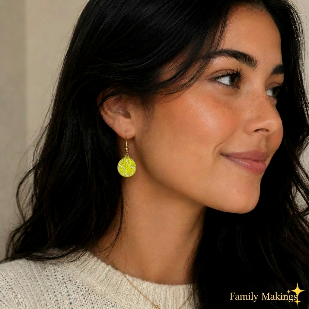 Woman wearing yellow tennis ball earrings with a neutral background