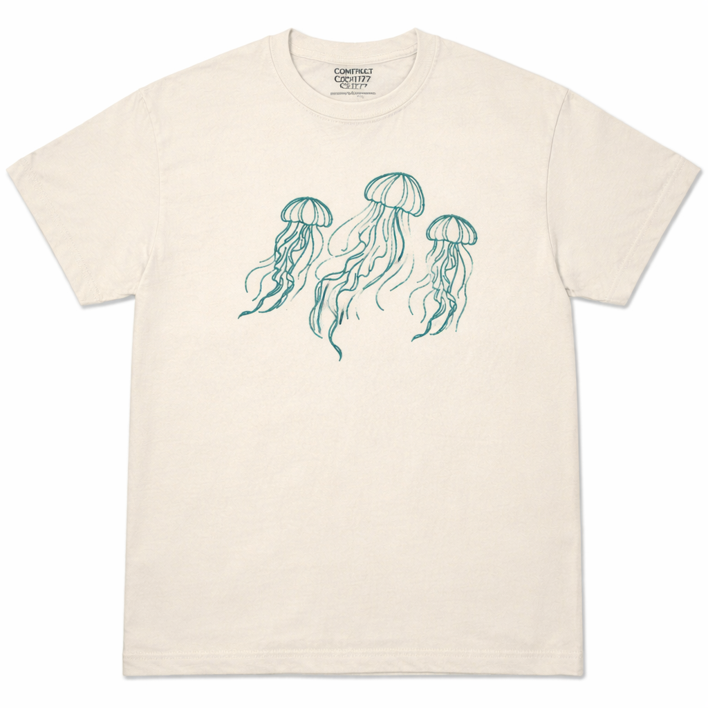 Ivory t-shirt with teal jellyfish design on a white background