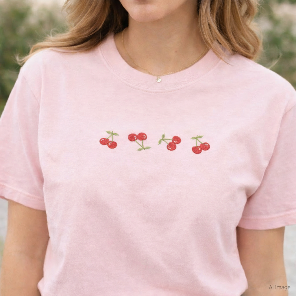 Person wearing a light pink t-shirt with cherry designs on a blurred natural background