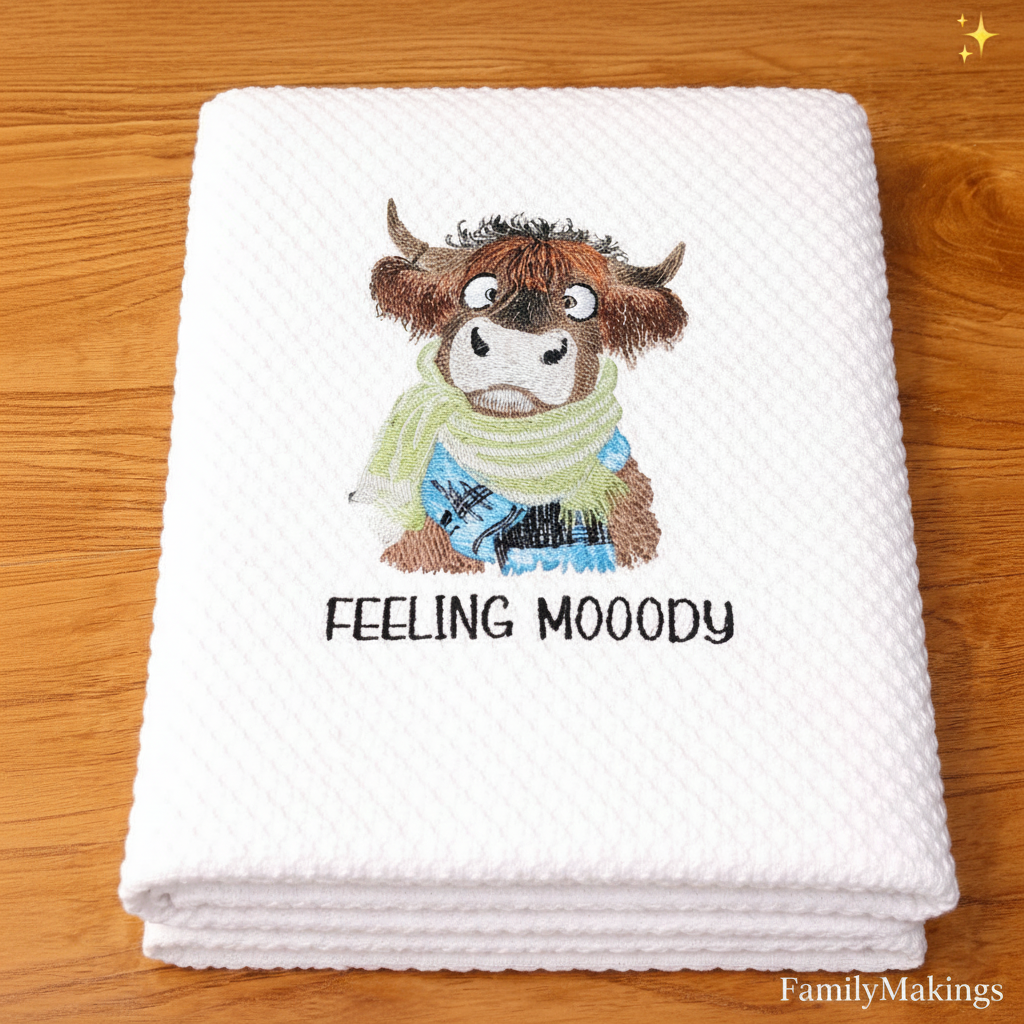 Folded towel with a cartoon cow and 'Feeling Moody' text on a wooden surface